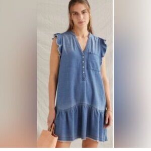 Pilcro Light Blue Denim V-Neck Midi Dress with Ruffle Sleeves